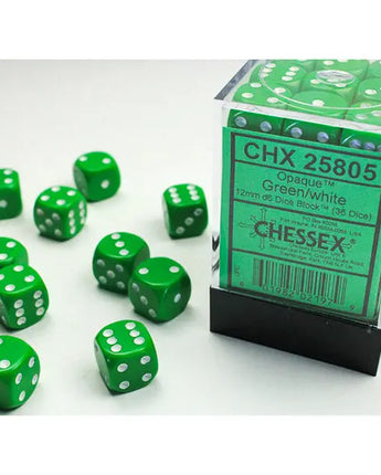 Chessex Dice: Opaque 12mm D6 (36) - Green/White 