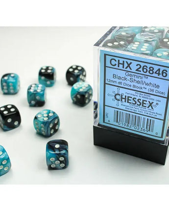 Chessex Dice: Gemini 12mm D6 (36) - Gemini: Black-Shell/White 