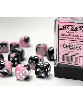 Chessex Dice: Gemini 16mm D6 (12) - Black-Pink/White 