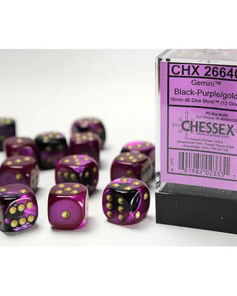 Chessex Dice: Gemini 16mm D6 (12) - Black-Purple/Gold 