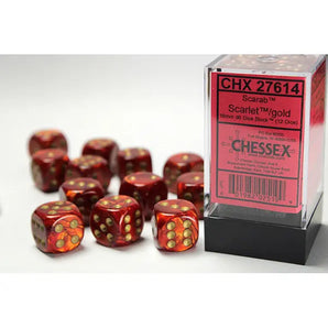 Chessex Dice: Special 16mm D6 (12) - Scarab: Scarlet/Gold 