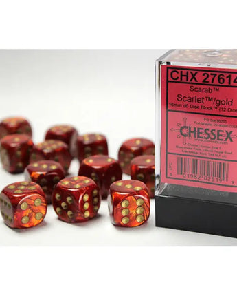 Chessex Dice: Special 16mm D6 (12) - Scarab: Scarlet/Gold 
