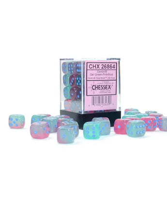 Chessex Dice: Gemini 12mm D6 (36) - Luminary: Gel Green-Pink/Blue 