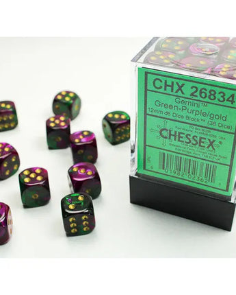 Chessex Dice: Gemini 12mm D6 (36) - Green-Purple/Gold 