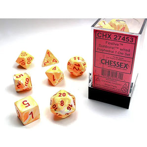 Chessex Dice: Festive 7-Die RPG Set - Sunburst/Red 