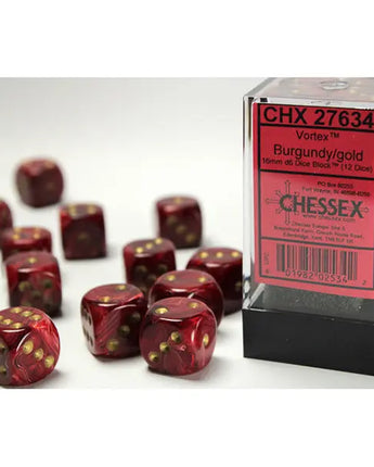 Chessex Dice: Vortex 16mm D6 (12) - Burgundy/Gold 