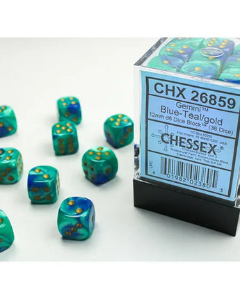 Chessex Dice: Gemini 12mm D6 (36) - Blue-Teal/Gold 