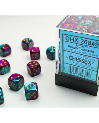 Chessex Dice: Gemini 12mm D6 (36) - Purple-Teal/Gold 