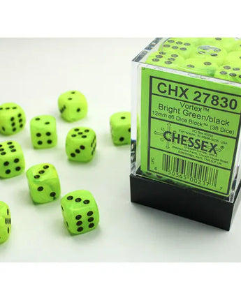 Chessex Dice: Vortex 12mm D6 (36) - Bright Green/Black