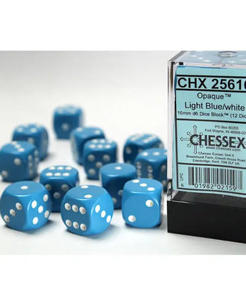 Chessex Dice: Opaque 16mm D6 (12) - Light Blue/White 