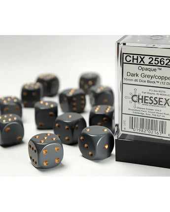 Chessex Dice: Opaque 16mm D6 (12) - Dark Grey/Copper 