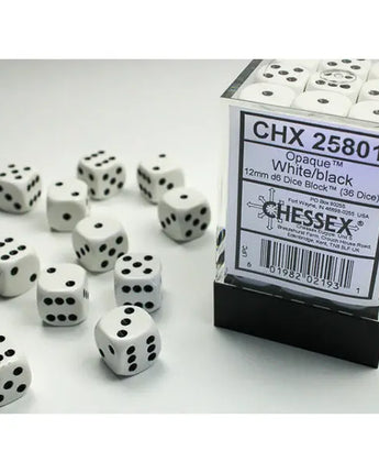 Chessex Dice: Opaque 12mm D6 (36) - White/Black 