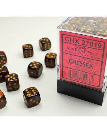 Chessex Dice: Special 12mm D6 (36) - Scarab: Blue Blood/Gold 