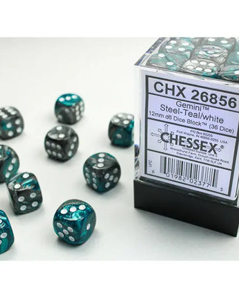 Chessex Dice: Gemini 12mm D6 (36) - Steel-Teal/White 