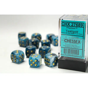 Chessex Dice: Special 16mm D6 (12) - Phantom: Teal/Gold 