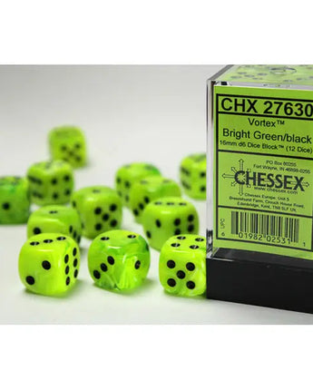 Chessex Dice: Vortex 16mm D6 (12) - Bright Green/Black