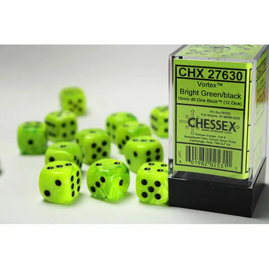 Chessex Dice: Vortex 16mm D6 (12) - Bright Green/Black