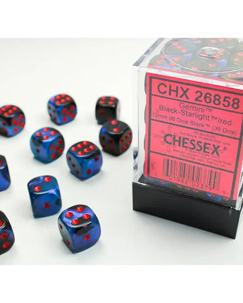 Chessex Dice: Gemini 12mm D6 (36) - Black-Starlight/Red 