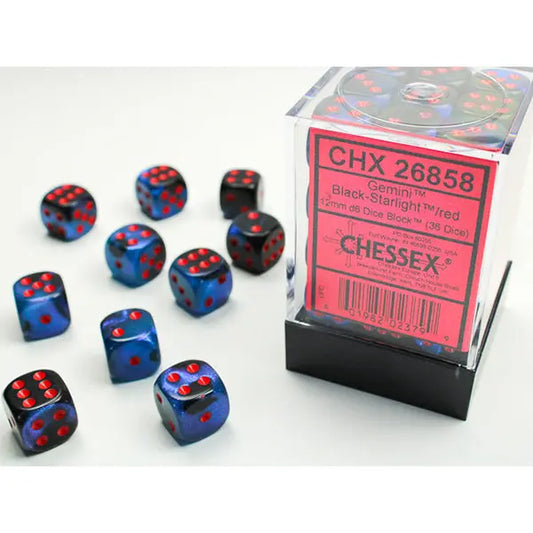 Chessex Dice: Gemini 12mm D6 (36) - Black-Starlight/Red 