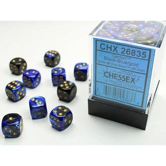 Chessex Dice: Gemini 12mm D6 (36) - Black-Blue/Gold 
