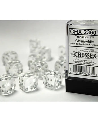 Chessex Dice: Translucent 16mm D6 (12) - Clear/White