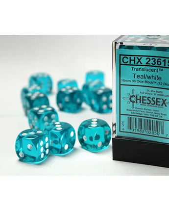 Chessex Dice: Translucent 16mm D6 (12) - Teal/White 