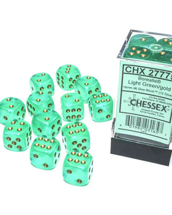 Chessex Dice: Luminary 16mm D6 (12) - Light Green/Gold 