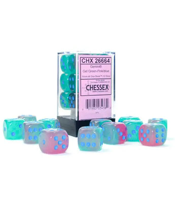 Chessex Dice: Luminary 16mm D6 (12) - Gel Green-Pink/Blue 