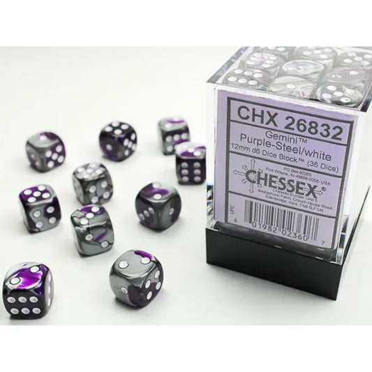 Chessex Dice: Gemini 12mm D6 (36) - Purple-Steel/White 