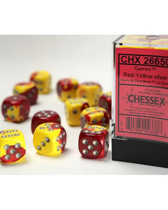 Chessex Dice: Gemini 16mm D6 (12) - Red-Yellow/White 