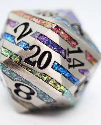 Foam Brain Metal Dice: Silver With Rainbow Mica - 35mm Metal Dice 