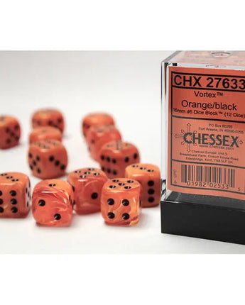 Chessex Dice: Vortex 16mm D6 (12) - Orange/Black 