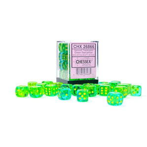 Chessex Dice: Gemini 12mm D6 (36) - Luminary: Green-Teal/Yellow 