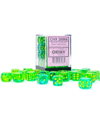 Chessex Dice: Gemini 12mm D6 (36) - Luminary: Green-Teal/Yellow 