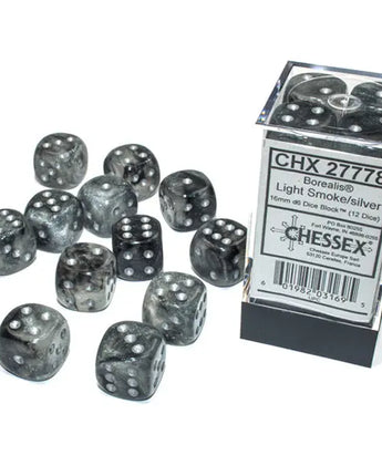Chessex Dice: Luminary 16mm D6 (12) - Light Smoke/Silver 
