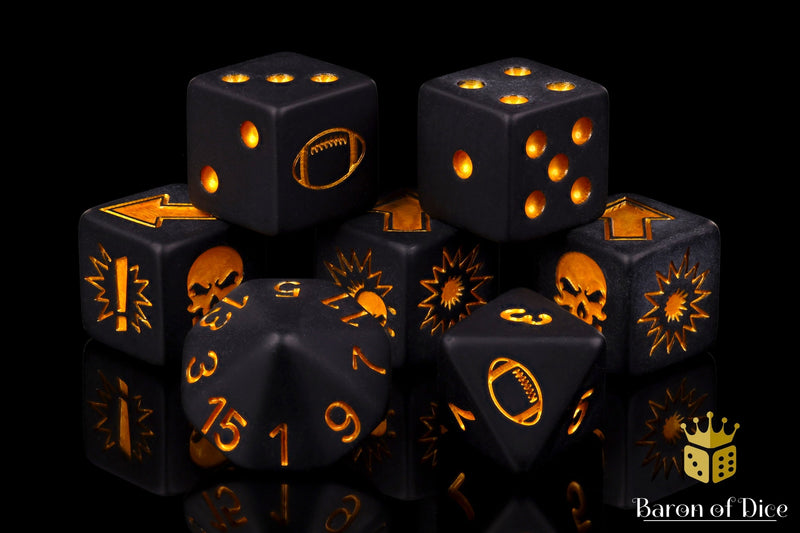 Load image into Gallery viewer, Matte Black - Bloody Football Dice (Set of 7)
