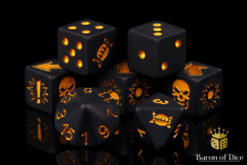 Load image into Gallery viewer, Matte Black - Bloody Football Dice (Set of 7)
