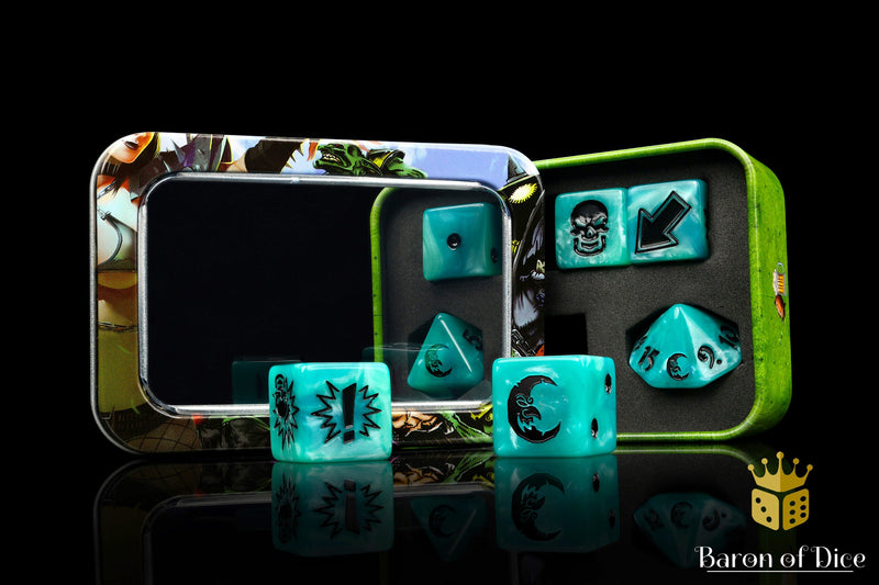 Load image into Gallery viewer, Ethereal Blue - Bloody Football Dice (Set of 7)
