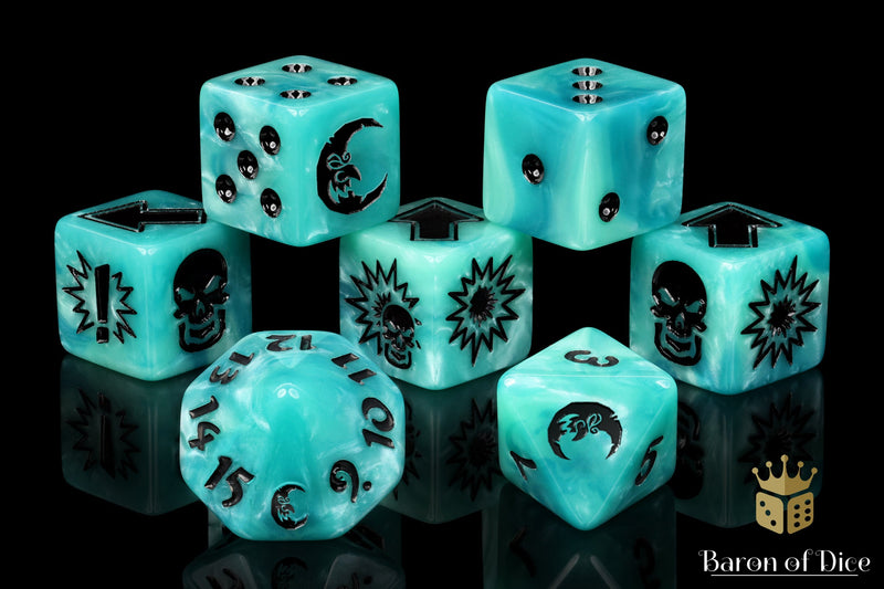 Load image into Gallery viewer, Ethereal Blue - Bloody Football Dice (Set of 7)
