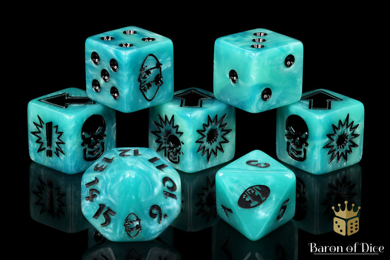 Load image into Gallery viewer, Ethereal Blue - Bloody Football Dice (Set of 7)
