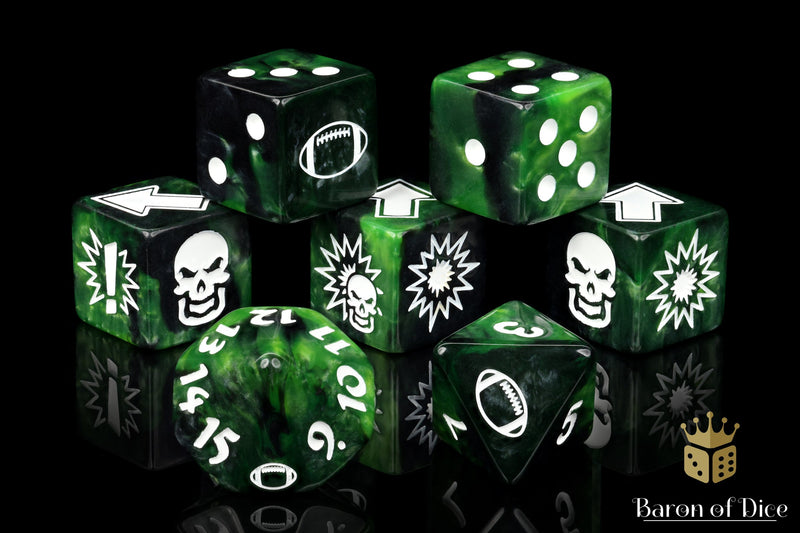 Load image into Gallery viewer, Warp Green - Bloody Football Dice (Set of 7)
