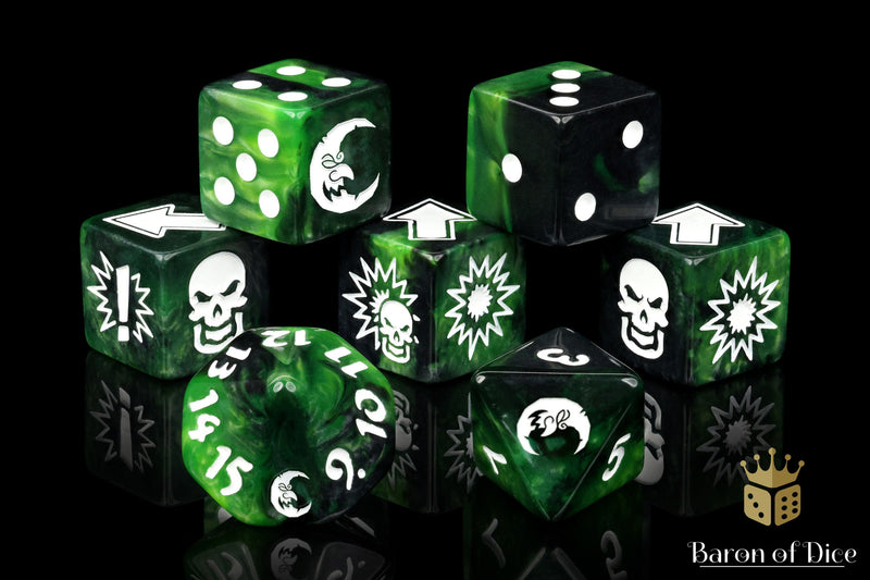 Load image into Gallery viewer, Warp Green - Bloody Football Dice (Set of 7)
