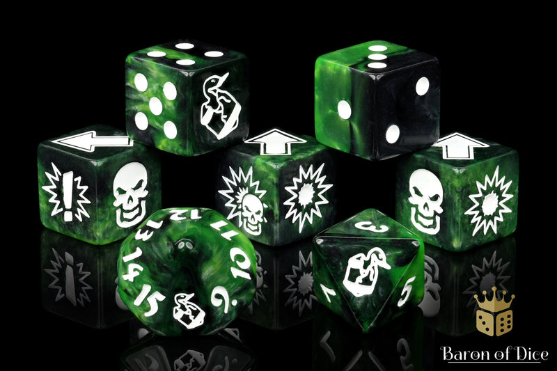 Load image into Gallery viewer, Warp Green - Bloody Football Dice (Set of 7)
