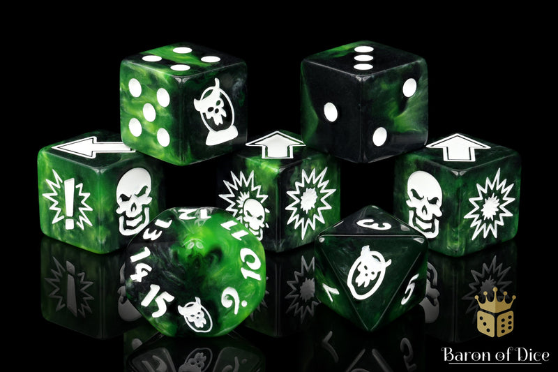 Load image into Gallery viewer, Warp Green - Bloody Football Dice (Set of 7)
