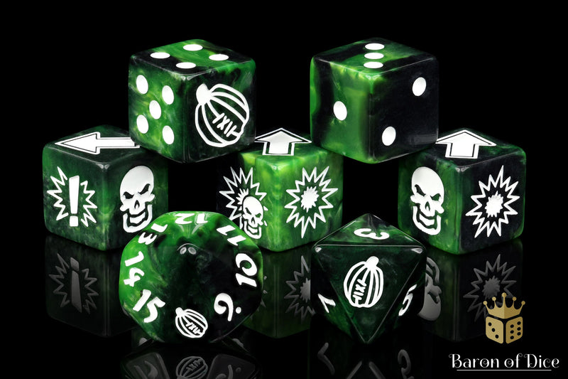 Load image into Gallery viewer, Warp Green - Bloody Football Dice (Set of 7)
