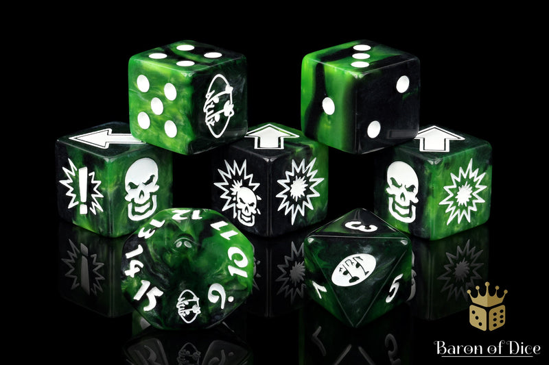 Load image into Gallery viewer, Warp Green - Bloody Football Dice (Set of 7)
