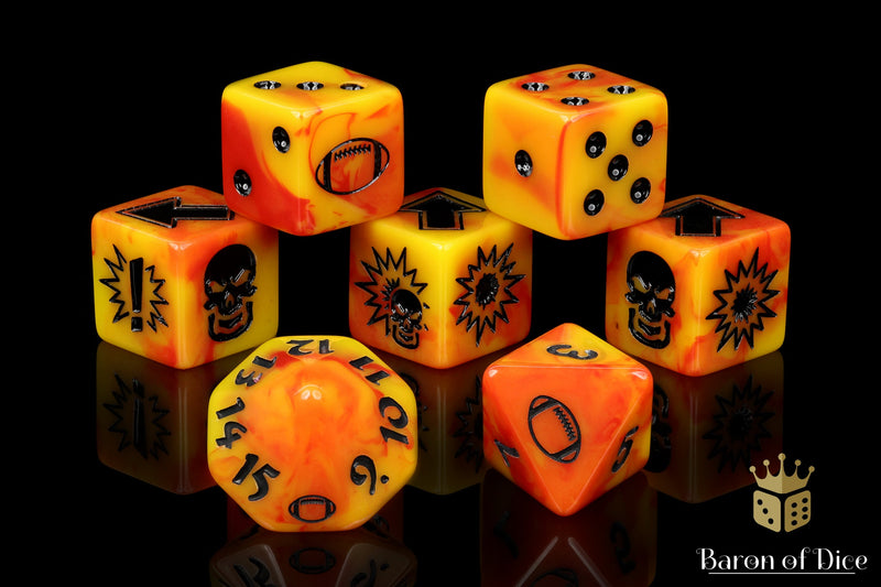 Load image into Gallery viewer, Orange Fire - Bloody Football Dice (Set of 7)
