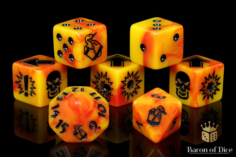 Load image into Gallery viewer, Orange Fire - Bloody Football Dice (Set of 7)
