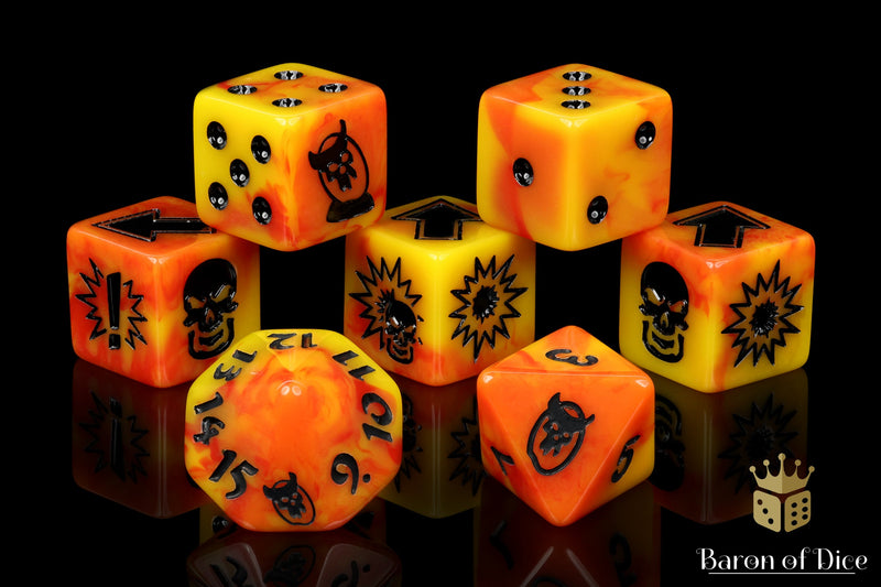 Load image into Gallery viewer, Orange Fire - Bloody Football Dice (Set of 7)
