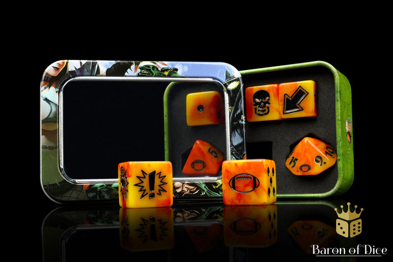 Load image into Gallery viewer, Orange Fire - Bloody Football Dice (Set of 7)
